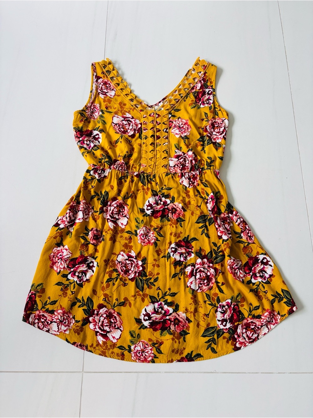 Xhilaration Mustard Floral Sleeveless Dress